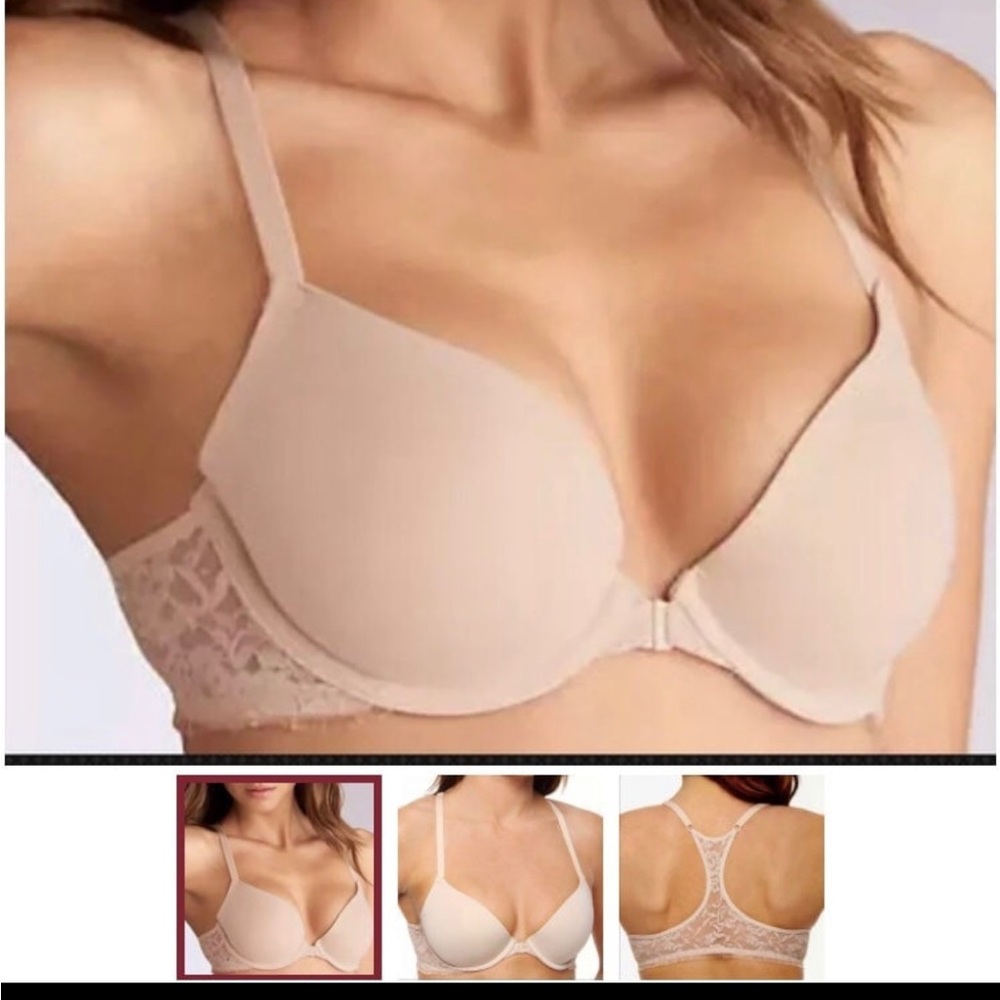 DKNY 458209 Signature Lace T-Back Underwire Bra beige 34DD lightly lined demi